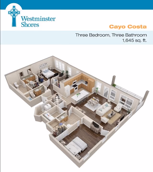 3D floor plan of a three-bedroom, three-bathroom apartment named Cayo Costa at Westminster Shores, showing a kitchen with an island, dining area, living room, and bedrooms with attached bathrooms.
