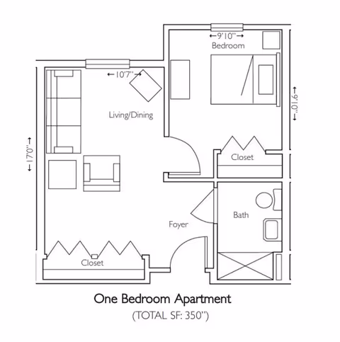 Architectural floor plan of a one bedroom apartment showing a living/dining area, bedroom, bathroom, foyer, and closets with dimensions.