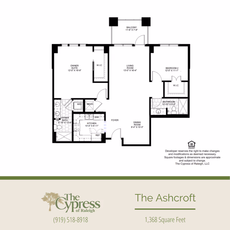 Floor plan titled "The Ashcroft" showing a two-bedroom, two-bath apartment layout with kitchen, living room, and balcony.