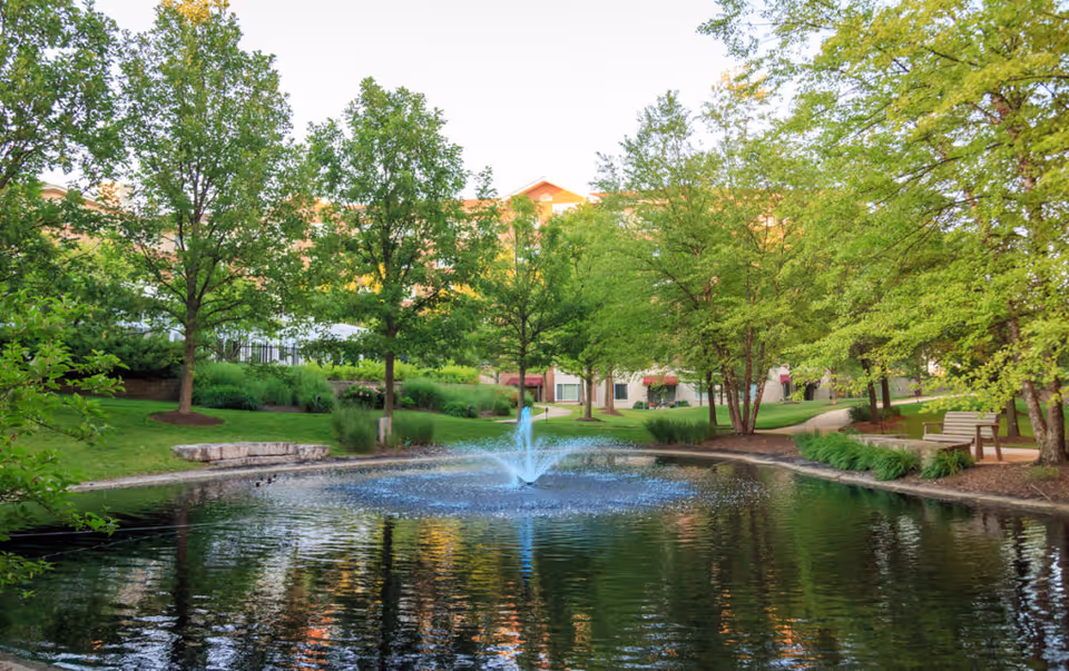 A serene outdoor garden area at Sedgebrook featuring a pond with a central water fountain, surrounded by lush green trees, manicured grass, and walking paths. There are benches along the paths for seating and a building partially visible in the background.