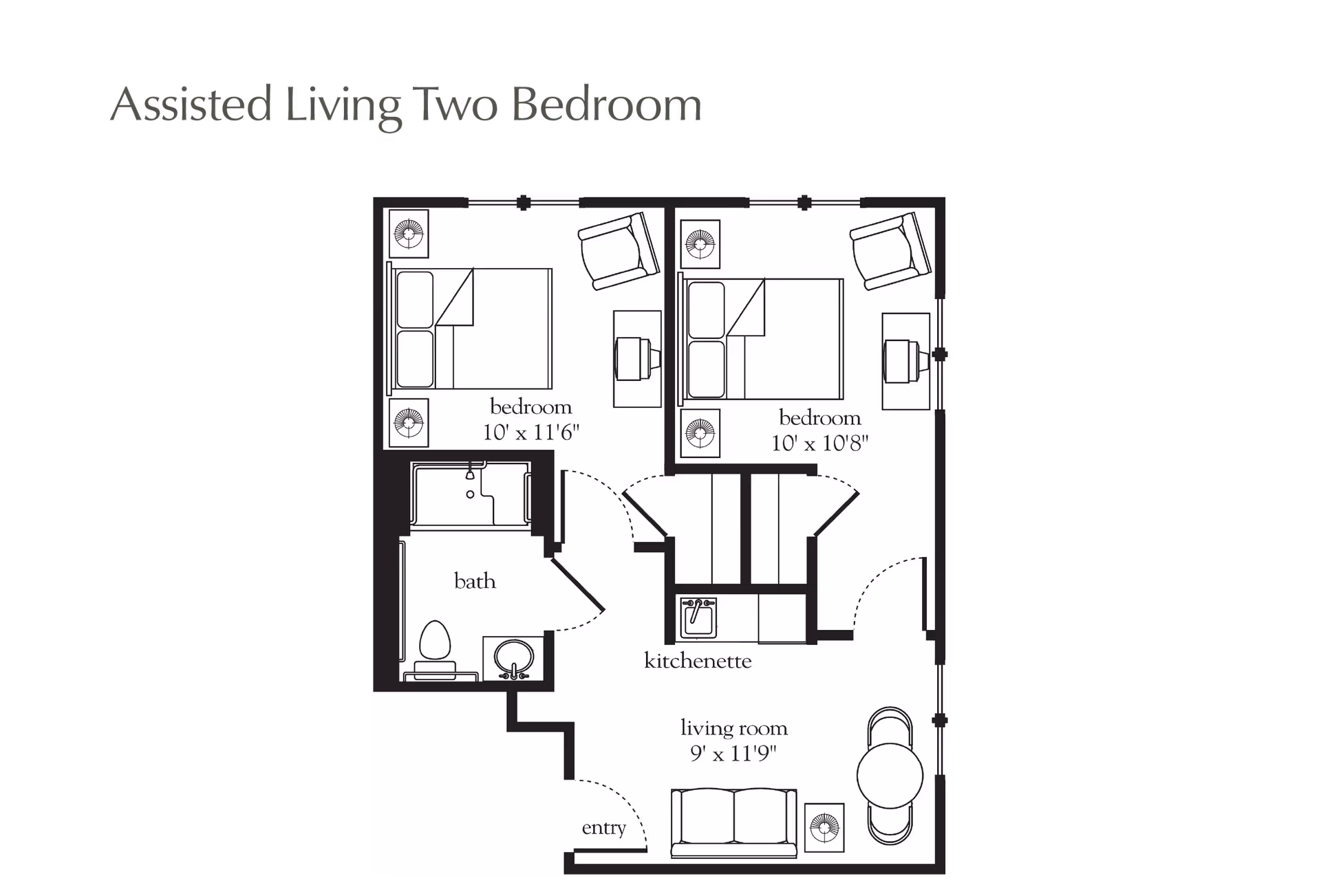 Floor plan of an assisted living two-bedroom apartment showing two bedrooms, a bath, kitchenette, living room, and entry area with furniture layout and room dimensions.