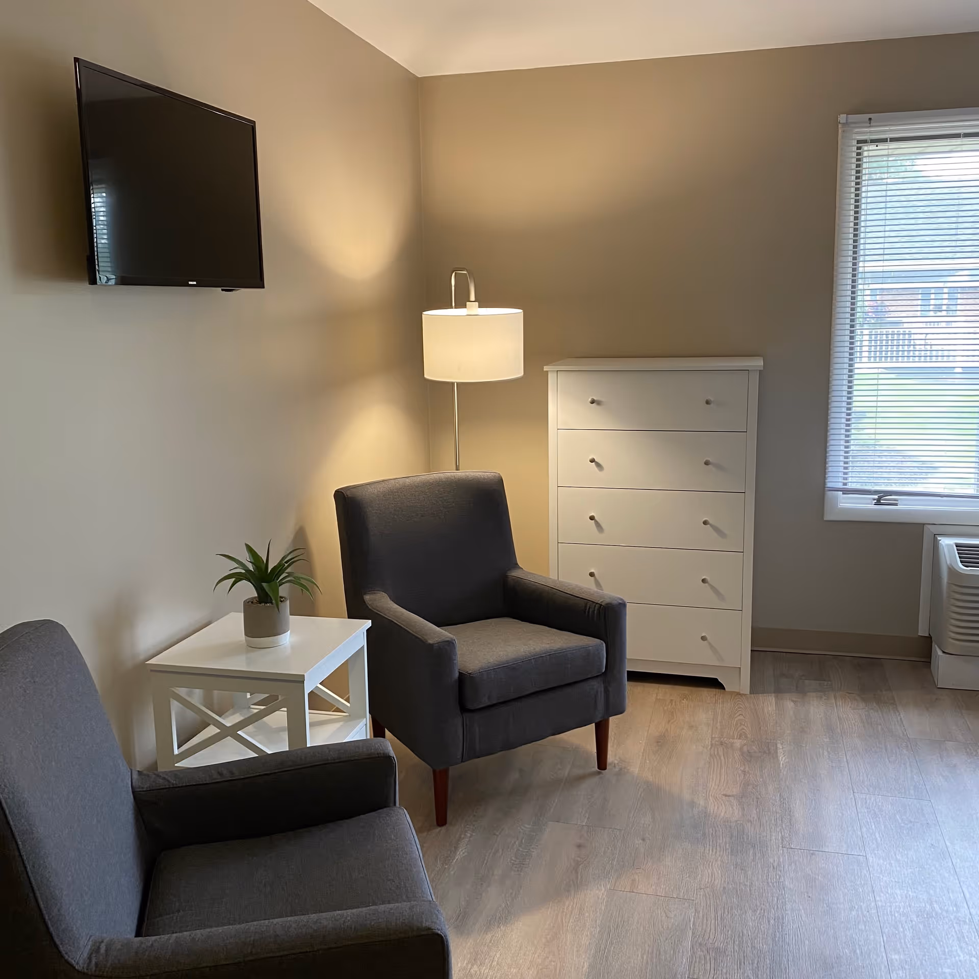 A cozy room with two gray armchairs, a white side table with a small potted plant, a standing lamp, a white chest of drawers, a wall-mounted flat-screen TV, and a window with blinds letting in natural light.
