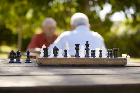 Close-up of a chessboard with black and white chess pieces set up on a wooden table outdoors, with two elderly people sitting and blurred in the background under green trees.