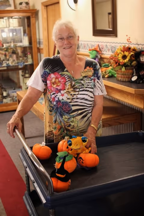 An elderly woman with short white hair and glasses stands behind a cart filled with small Halloween-themed plush pumpkins and a plush frog. She is smiling and wearing a colorful floral and zebra-striped shirt. Behind her is a wooden counter with autumn decorations including sunflowers and a green witch doll, and a glass display cabinet is visible in the background.