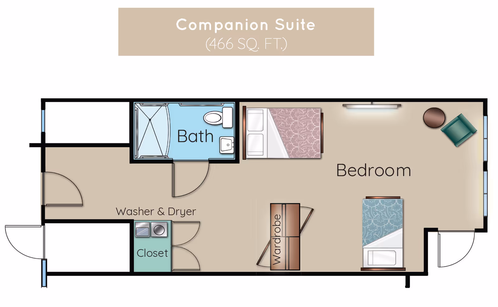 Floor plan of a companion suite measuring 466 square feet, featuring a bedroom area with two beds, a wardrobe, a sitting chair with a small table, a bathroom with a shower, toilet, and sink, a closet, and a washer and dryer area.