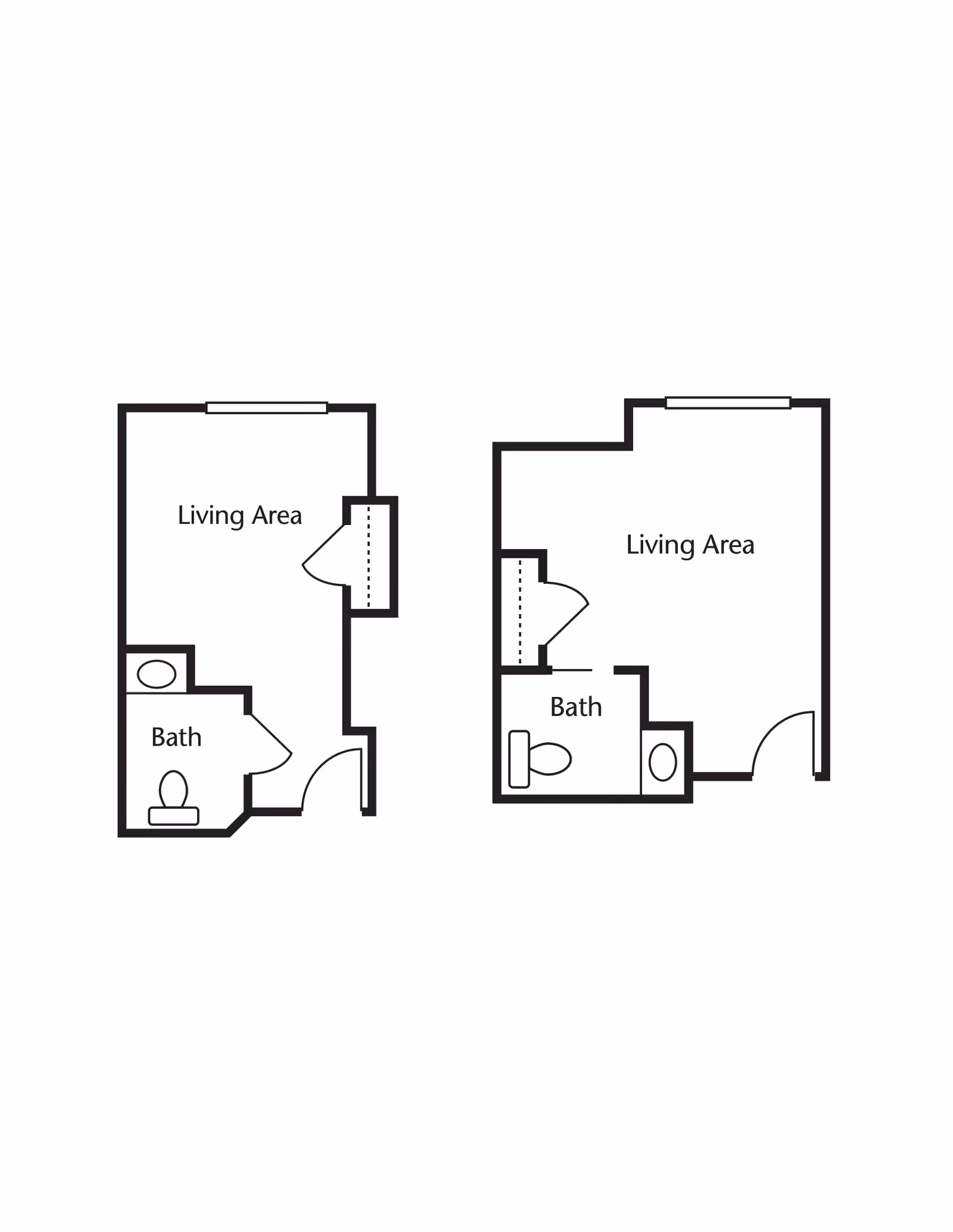 Two simple black and white architectural floor plans showing layouts with labeled living areas and bathrooms.