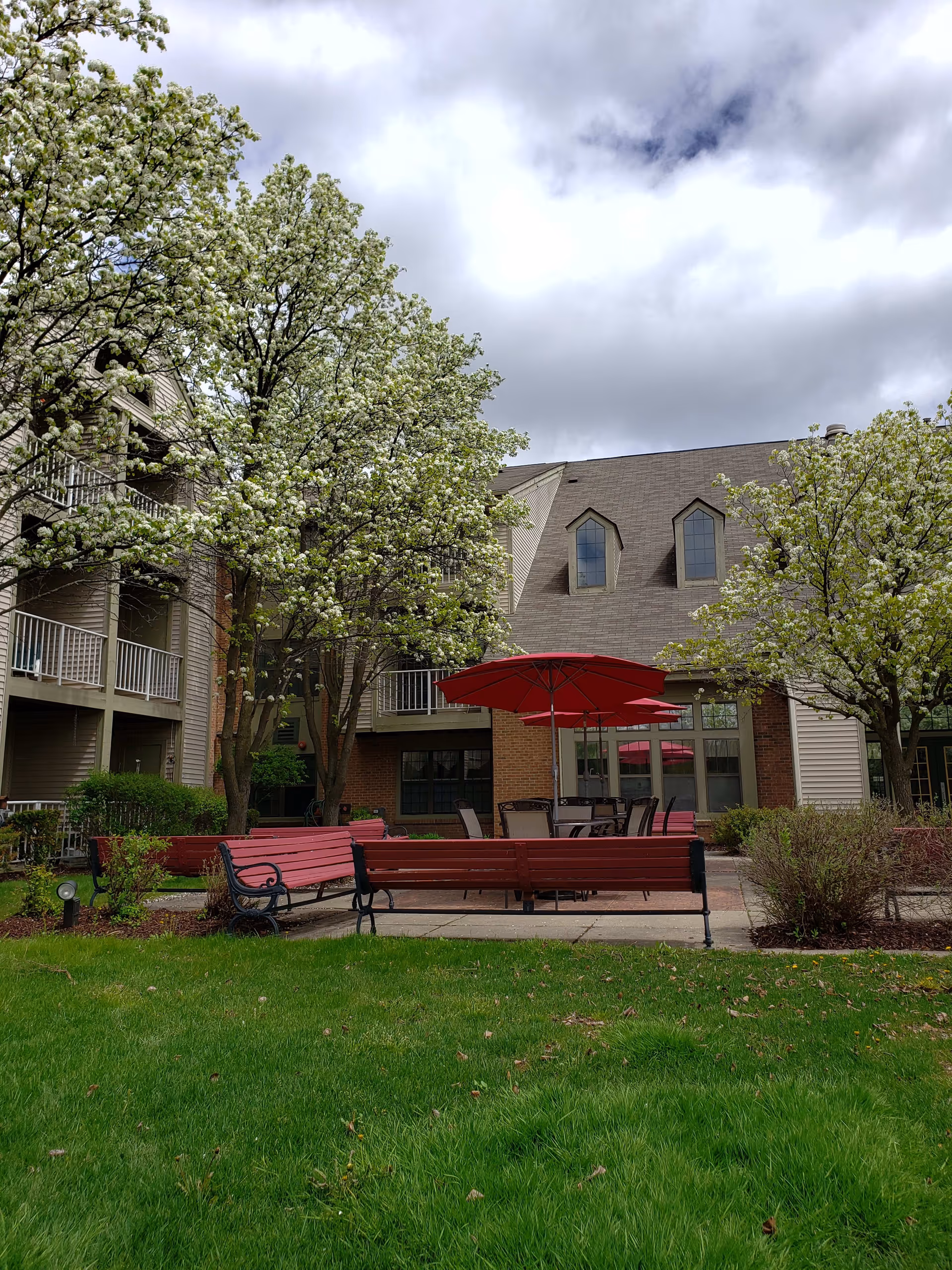 Outdoor patio area at Rosehaven Manor featuring red benches and tables with red umbrellas surrounded by blooming trees and green grass under a cloudy sky.