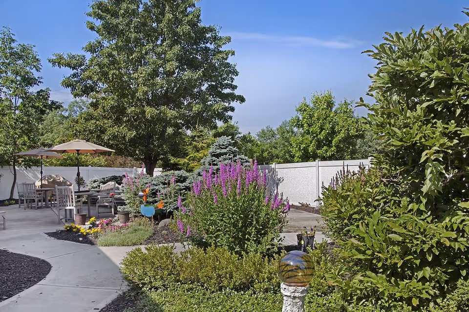 Sunny outdoor courtyard with paved walkways, patio seating under umbrellas, and flowering shrubs and trees.