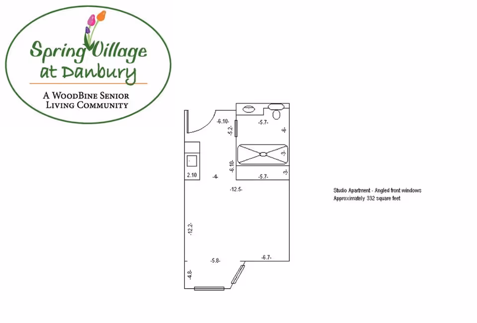 Floor plan of a studio apartment at Spring Village at Danbury, showing dimensions and layout including a bathroom, living/sleeping area, and angled front windows. The plan indicates approximately 332 square feet of space.