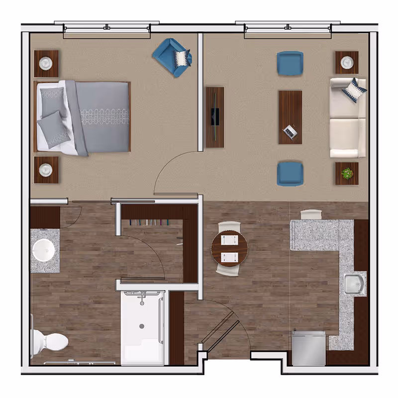 Top-down floor plan of a one-bedroom apartment showing a bedroom, living room, kitchen with island, dining table, and bathroom.