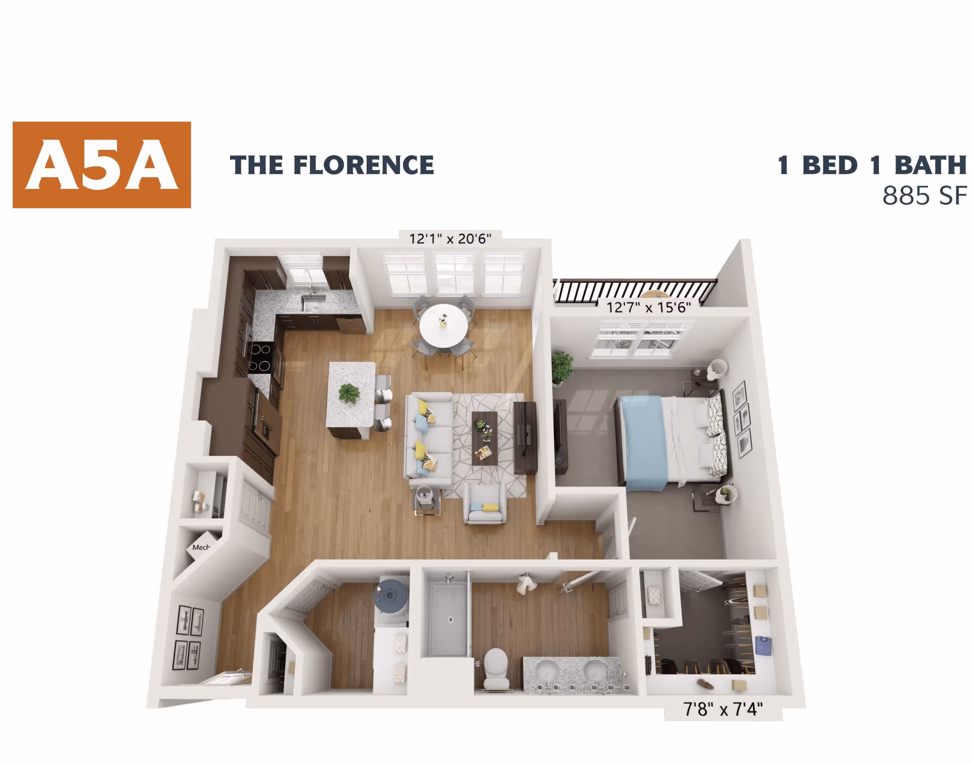 3D floor plan of a one-bedroom, one-bath apartment named The Florence, unit A5A, with 885 square feet. The layout includes a kitchen with an island, a dining area with a round table and four chairs, a living room with a sofa and TV, a bedroom with a bed and nightstands, a bathroom with a double sink, bathtub, and toilet, and a walk-in closet. Dimensions of rooms are labeled.