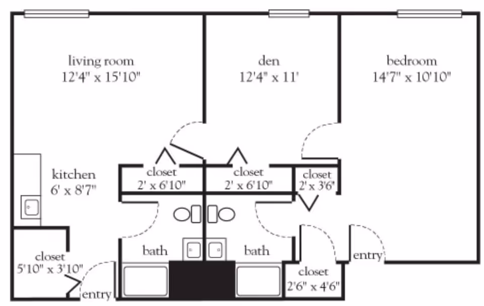 Floor plan of a residential unit showing a living room, kitchen, den, bedroom, two bathrooms, multiple closets, and two entry points with dimensions labeled for each room and closet.