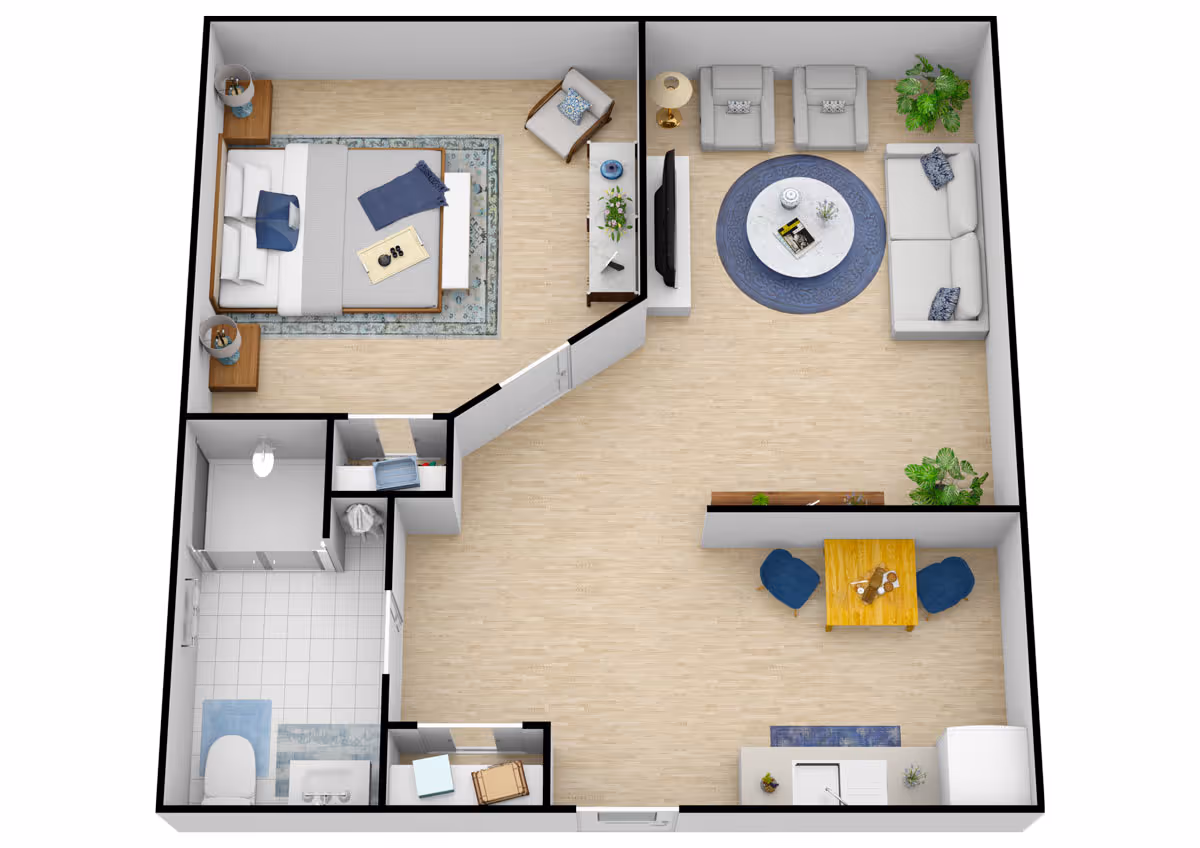 3D floor plan of a senior living apartment at The Landing at Queensbury showing a bedroom with a bed, nightstands, and a chair; a living room with a sofa, two armchairs, a round coffee table, TV, and plants; a small dining area with a table and two chairs; a kitchen area with a sink and refrigerator; and a bathroom with a toilet, sink, and shower.