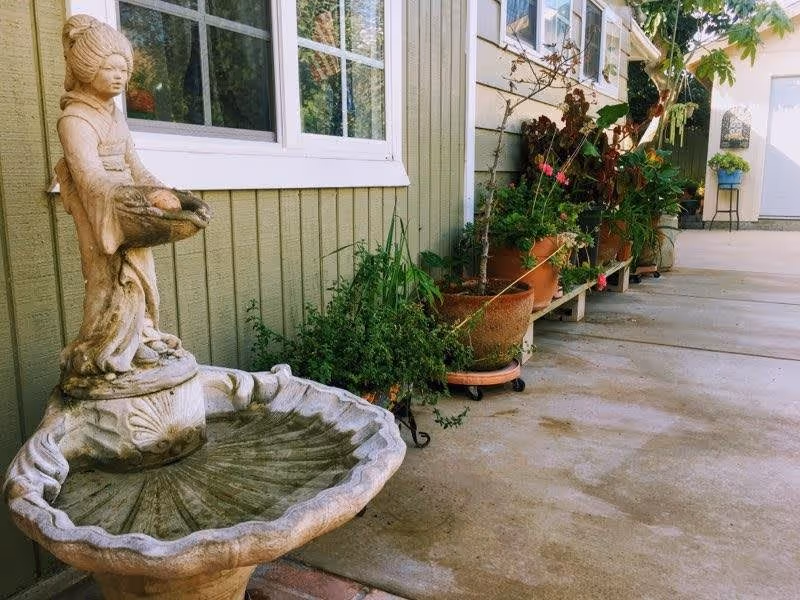 Outdoor patio area with a decorative stone birdbath featuring a statue of a woman holding a bowl, several potted plants lined up against the exterior wall of a building with green siding and white trim, and a concrete floor.