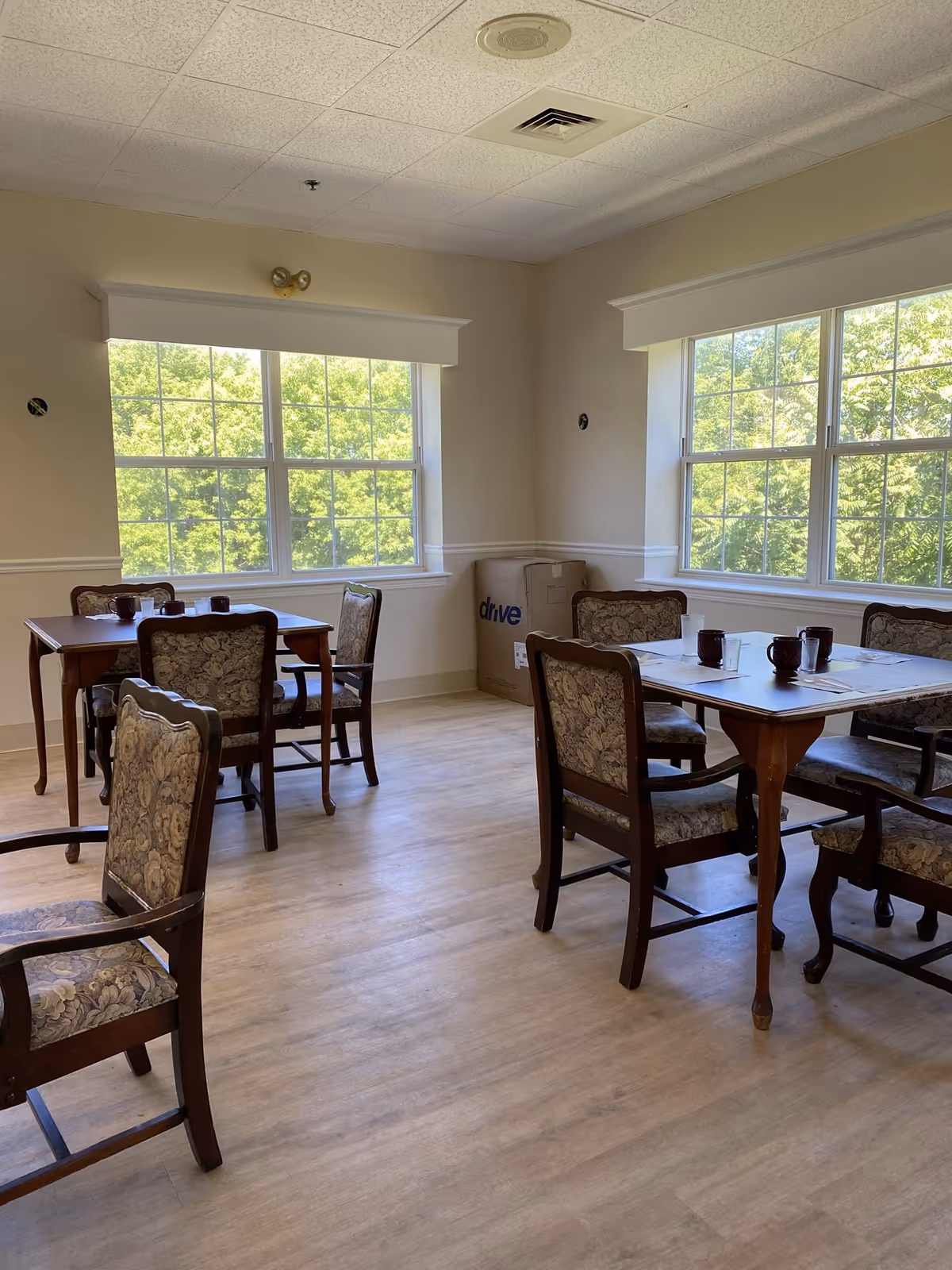 A bright dining room with large windows showing green trees outside. The room contains wooden tables and chairs with floral upholstery. On the tables are cups and placemats. There is a cardboard box labeled 'drive' in the corner near the windows.
