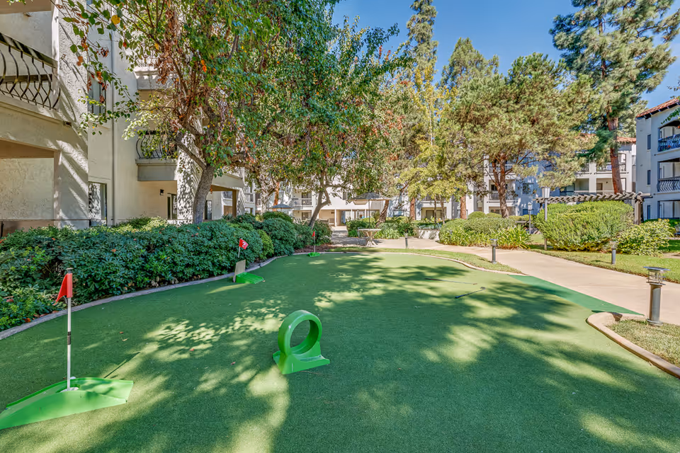 Outdoor putting green area surrounded by trees and bushes with a pathway and multi-story residential buildings in the background under a clear blue sky.