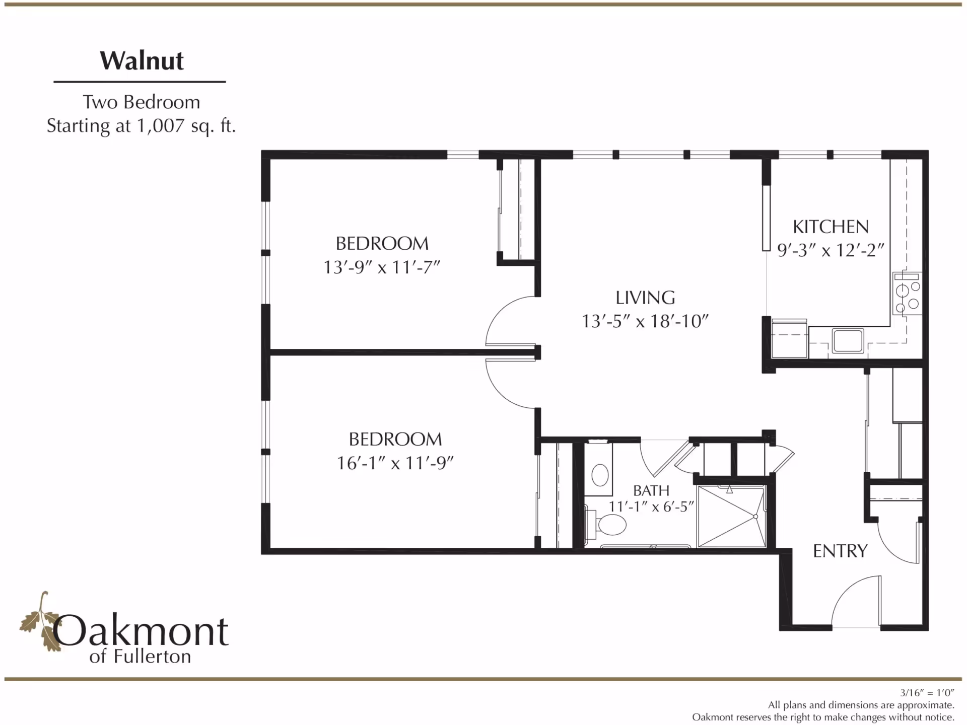 Floor plan of a two-bedroom apartment named Walnut at Oakmont of Fullerton, showing dimensions for each room including two bedrooms, a living room, a kitchen, a bathroom, and an entry area.