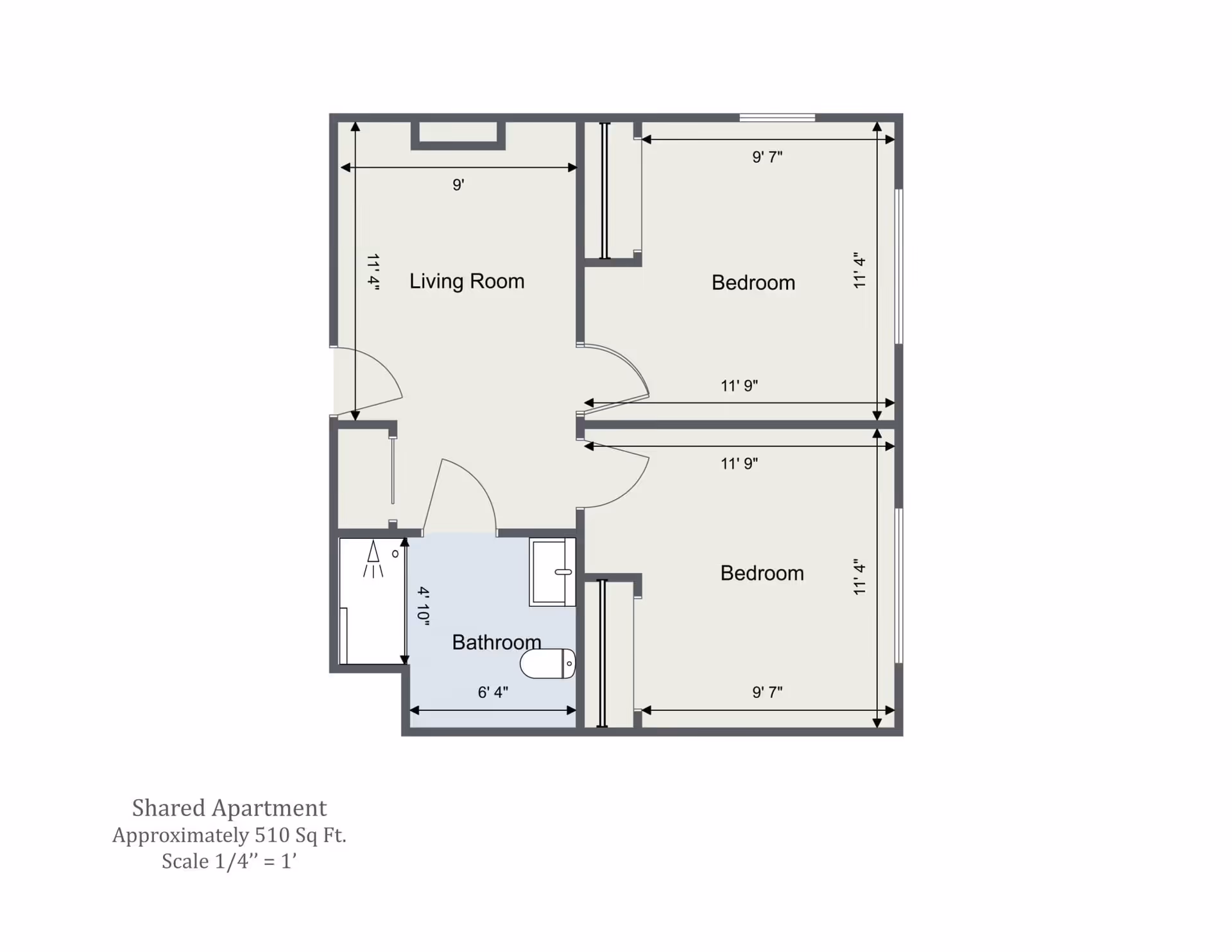 Floor plan of a shared apartment at Creekside Place Memory Care showing a living room, two bedrooms, and a bathroom with dimensions. The living room measures 9 feet by 11 feet 4 inches, each bedroom measures 9 feet 7 inches by 11 feet 4 inches, and the bathroom measures 6 feet 4 inches by 4 feet 10 inches. The total area is approximately 510 square feet with a scale of 1/4 inch equals 1 foot.
