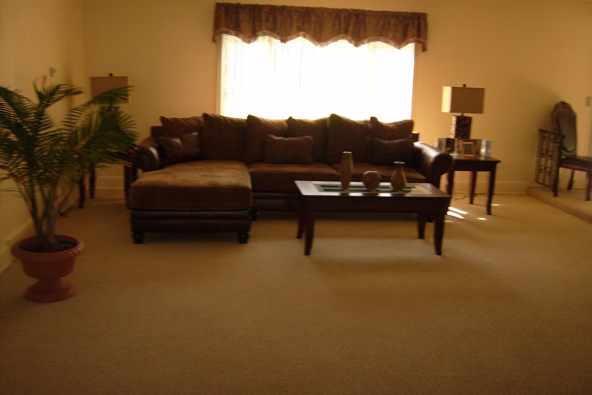 A living room with a large brown sectional sofa, a wooden coffee table with decorative vases, a potted plant on the left, two side tables with lamps, and a window with sheer curtains and a valance.