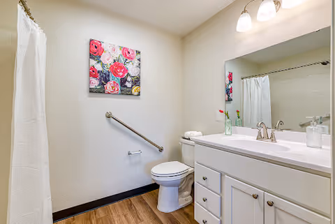 A clean and bright bathroom featuring a white toilet, a white vanity with a sink and faucet, a large mirror above the vanity, a white shower curtain, a floral painting on the wall, and a wooden floor. There is a grab bar installed next to the toilet and a towel rack with folded towels on the vanity.