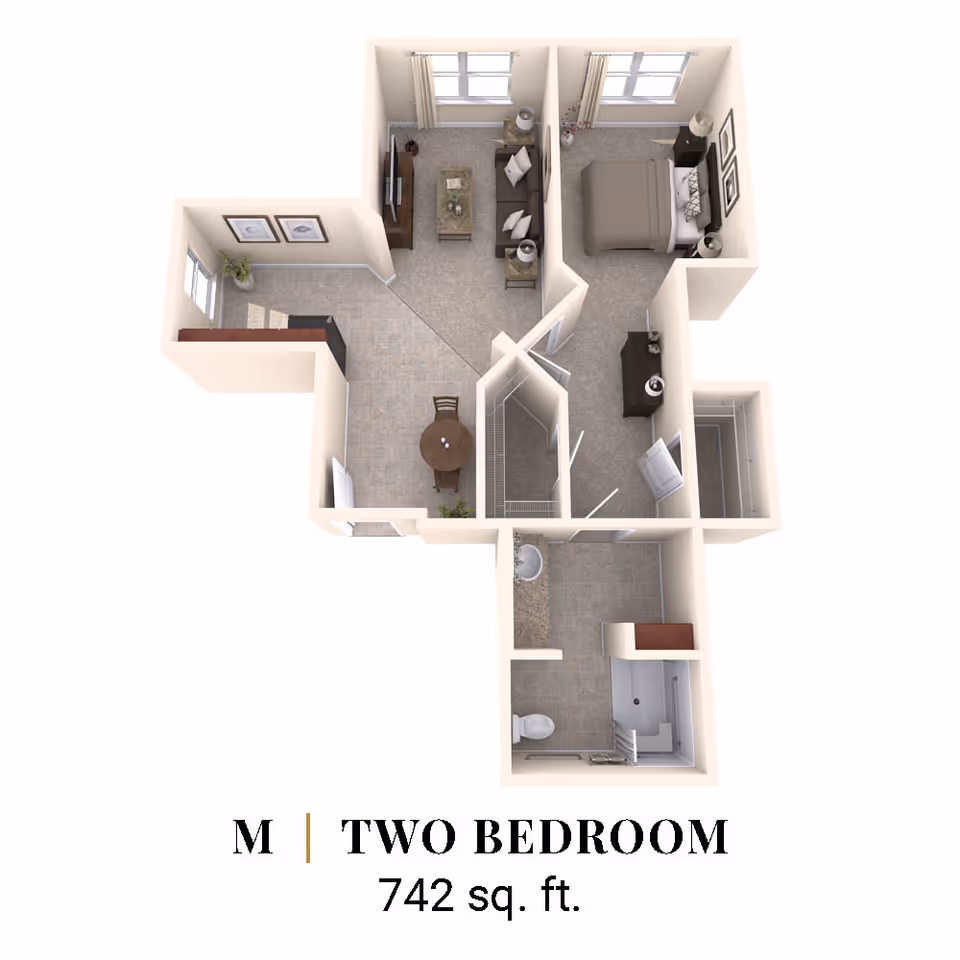 3D floor-plan rendering of a two-bedroom, 742 sq. ft. apartment showing a living room, kitchen/dining area, bathroom and two bedrooms.