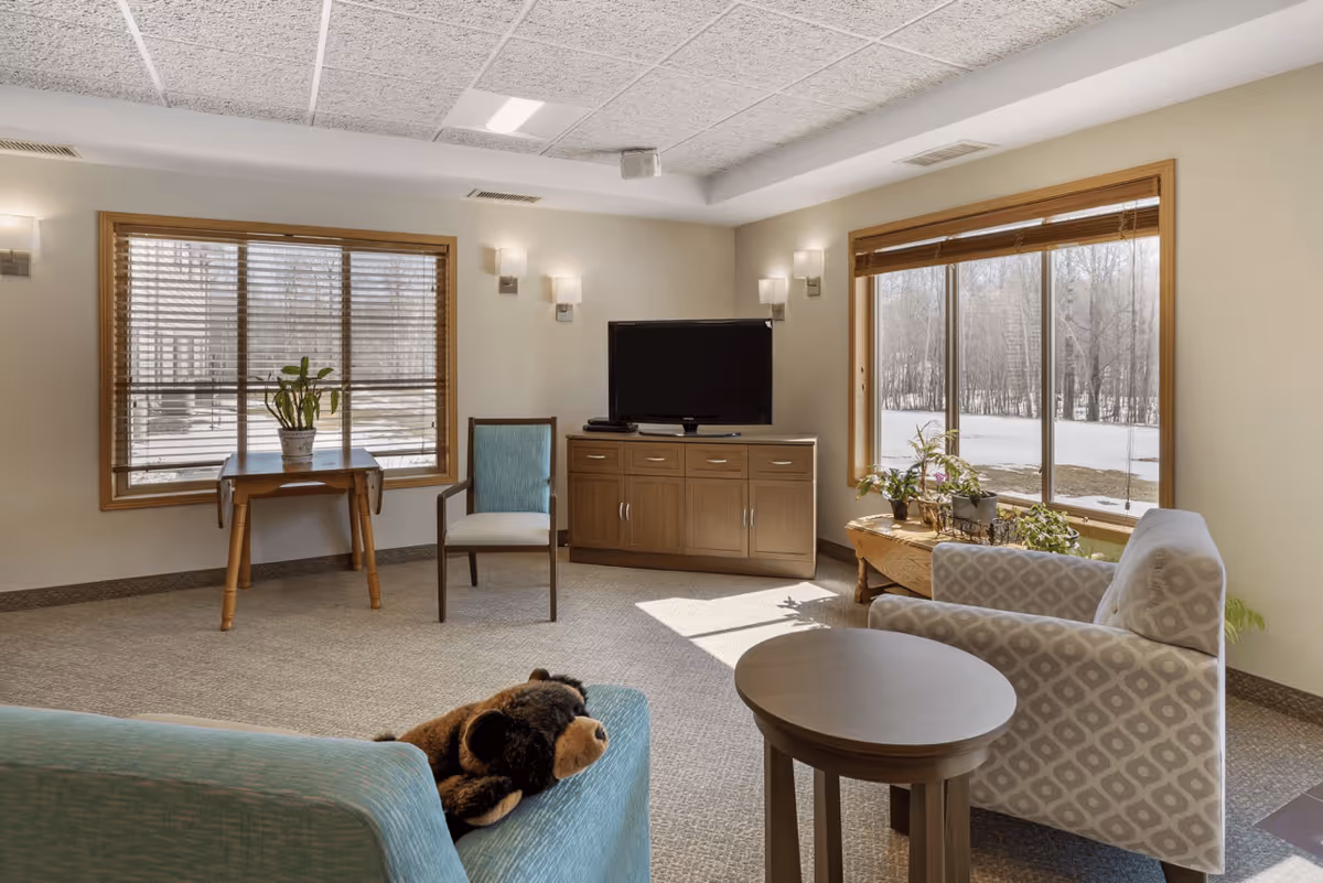 A bright senior living common area with large windows showing a snowy outdoor scene. The room features a blue couch with a teddy bear on it, a patterned armchair, a round wooden side table, a wooden cabinet with a flat-screen TV on top, a wooden chair, and a small table with a potted plant. Several wall-mounted lights illuminate the space.