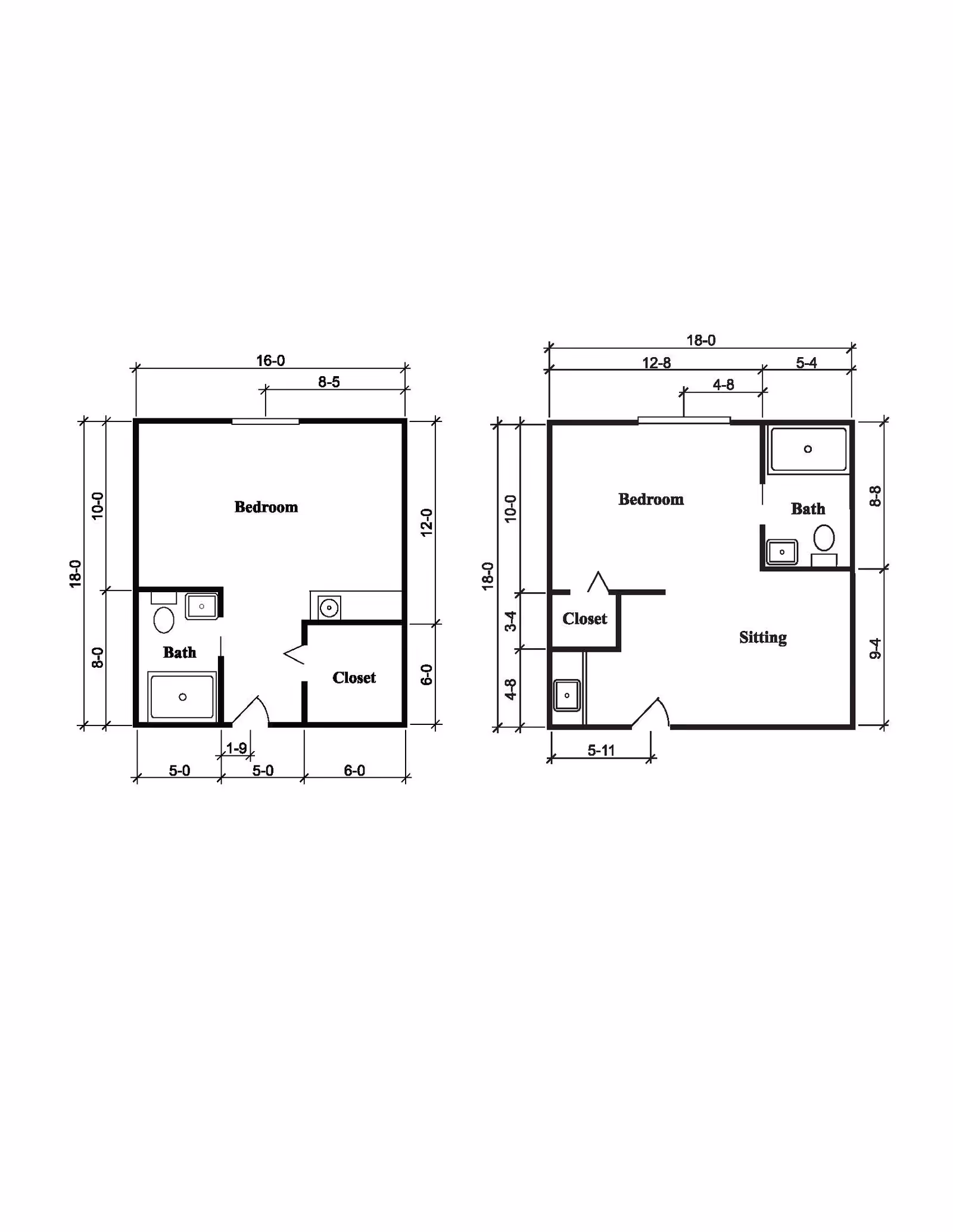 Architectural floor plan showing two layouts of a living space. Each layout includes a bedroom, a bathroom, and a closet. The left layout has a bedroom measuring 16 by 12 feet, a bath, and a closet. The right layout has a bedroom, a sitting area, a bath, and a closet with detailed measurements for each section.