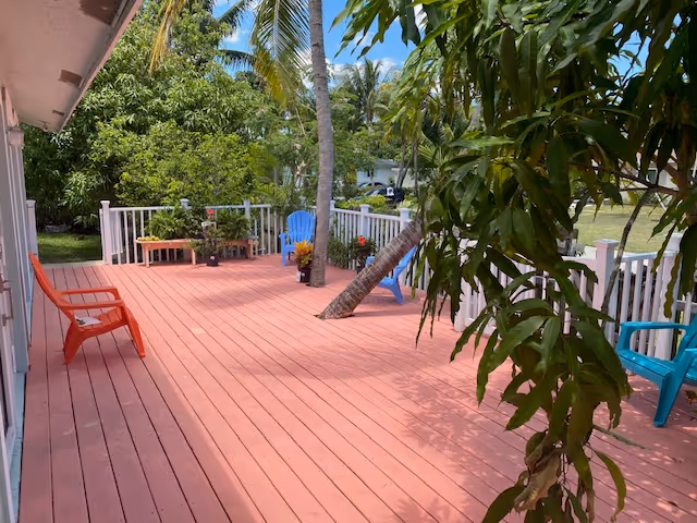 A spacious outdoor wooden deck painted in reddish color with several colorful plastic chairs and potted plants. The deck is surrounded by a white railing and shaded by trees, including a palm tree growing through the deck. The area appears sunny with a clear blue sky.