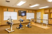 Rehabilitation/exercise room with stationary bikes, parallel bars, a wall-mounted TV, and cabinets.