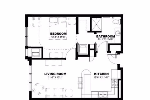 Architectural floor plan showing a layout with a bedroom, bathroom, living room, and kitchen. The bedroom measures 12 feet 6 inches by 14 feet 8 inches, the bathroom measures 8 feet 11 inches by 12 feet 10 inches, the living room measures 11 feet 8 inches by 15 feet 1 inch, and the kitchen measures 12 feet 6 inches by 11 feet 11 inches. The plan includes furniture placement and fixtures.