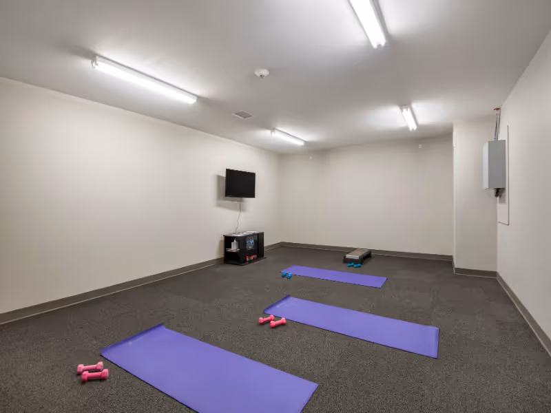 A simple exercise room with purple yoga mats, small dumbbells, a step platform, and a wall-mounted TV.
