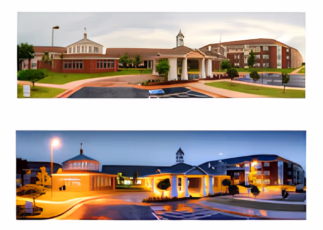Two panoramic views of the Saint Ann Retirement Center exterior. The top image shows the building during the day with clear skies, green lawns, and a driveway leading to a covered entrance. The bottom image shows the same view at night with illuminated street lamps and building lights, highlighting the entrance and surrounding area.