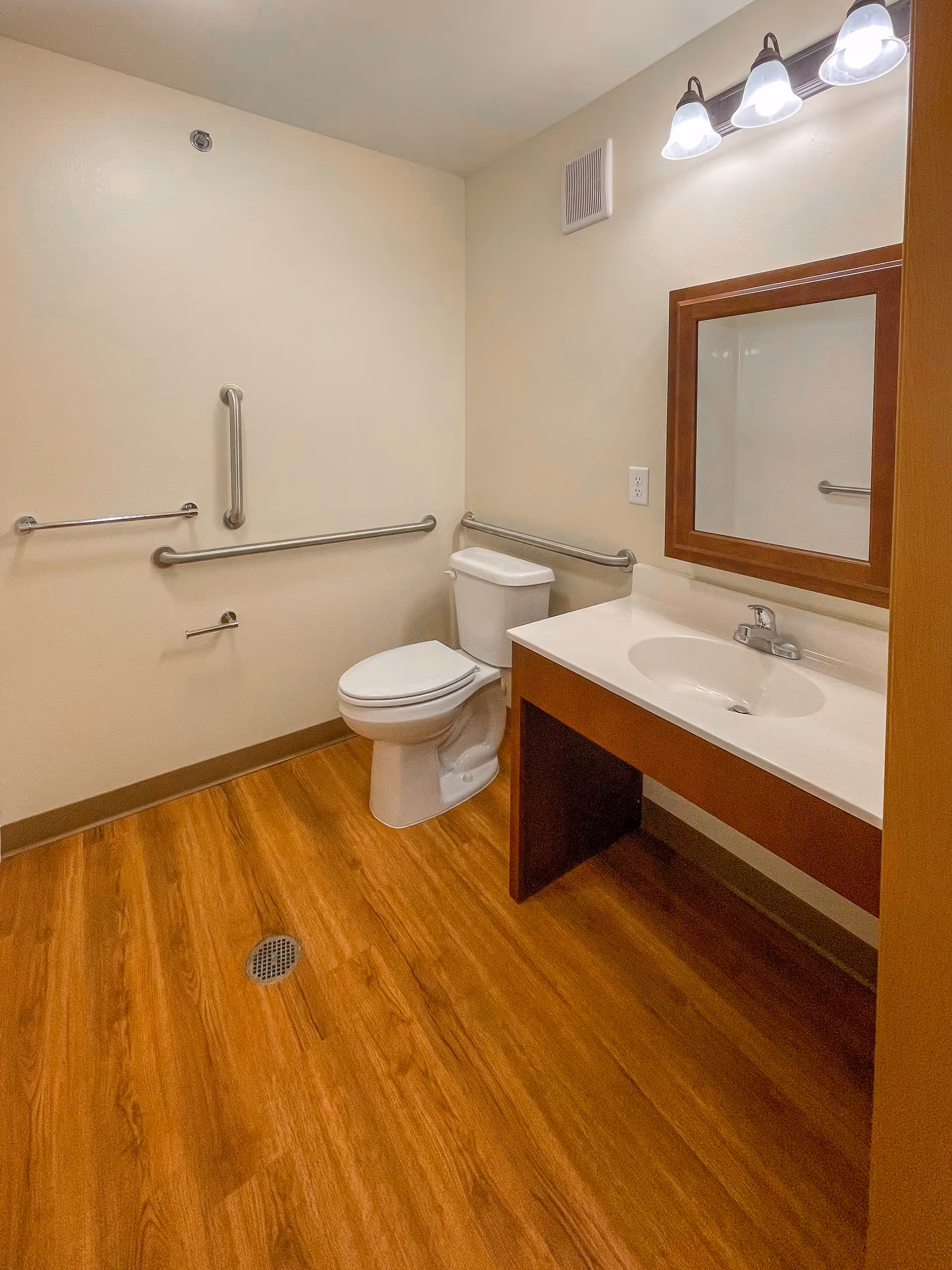A clean, accessible bathroom with wooden flooring, a white toilet with grab bars on the walls around it, a white sink with a wooden vanity, a mirror above the sink, and three light fixtures mounted above the mirror.