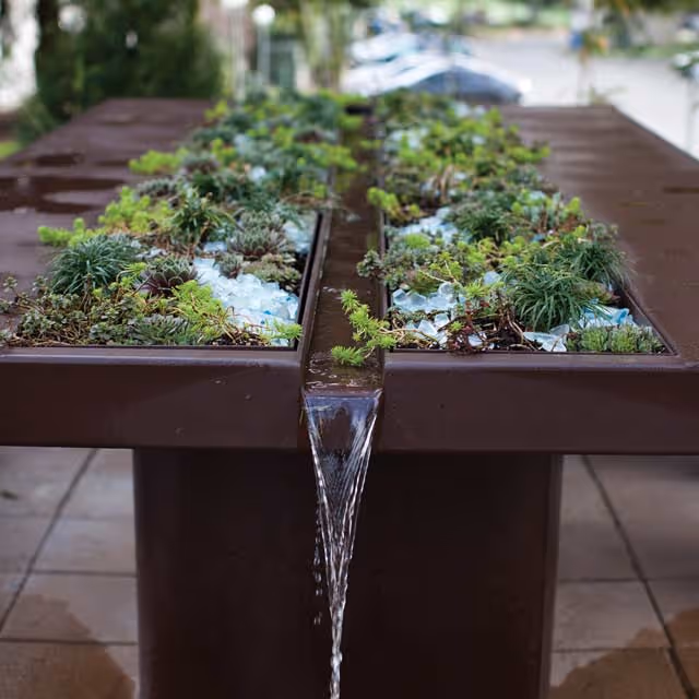 A close-up view of a modern outdoor water feature with two rectangular planters filled with various green succulents and plants. Water flows gently from the center of the structure into a basin below. The background shows a blurred outdoor setting with a parked car and greenery.