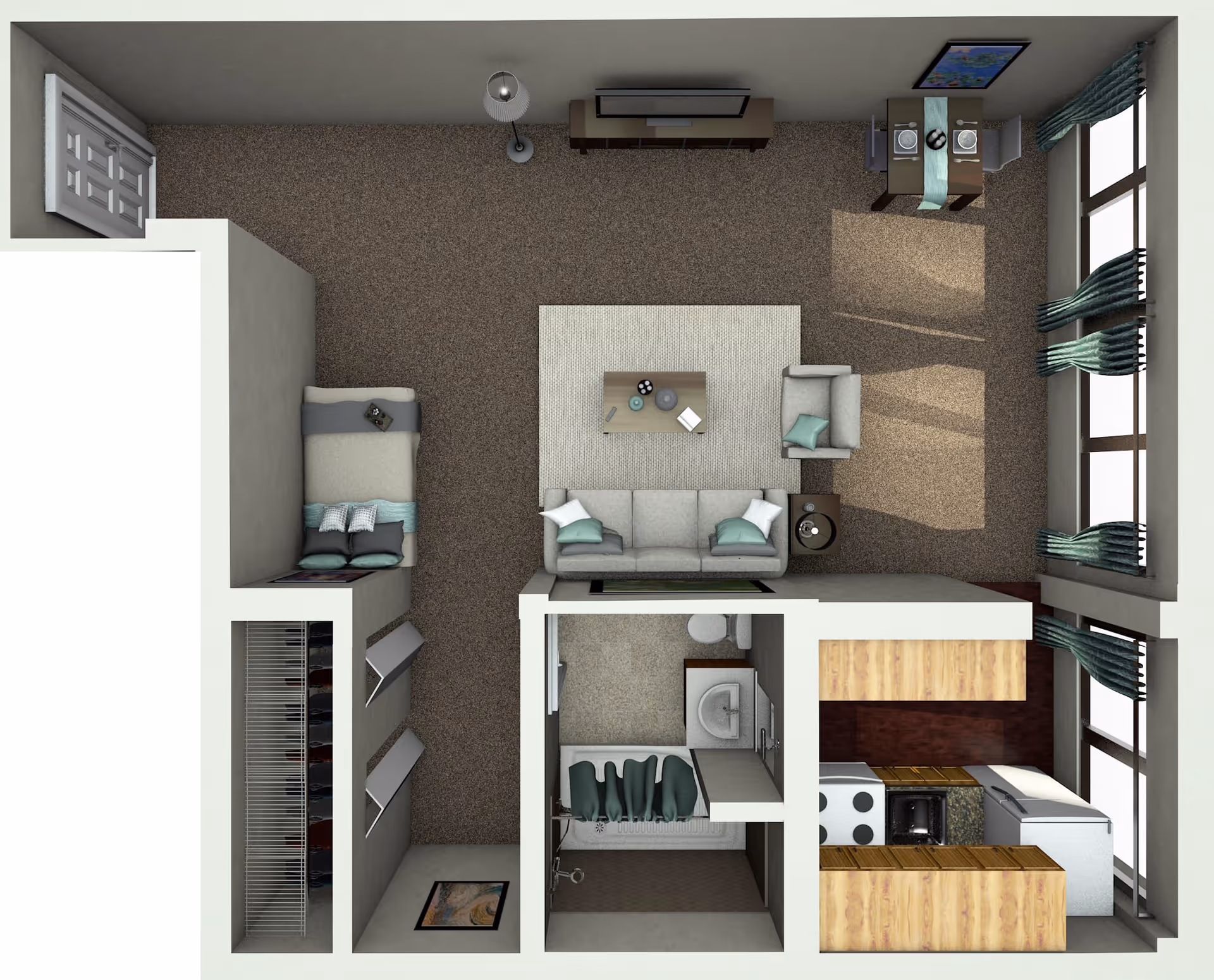 Top-down view of a small apartment layout at Thomas House Retirement Community showing a living area with a sofa, armchair, coffee table, and TV stand, a small dining table with two chairs near large windows, a kitchen with appliances and cabinets, a bedroom area with a bed and closet, and a bathroom with a sink, toilet, and shower.