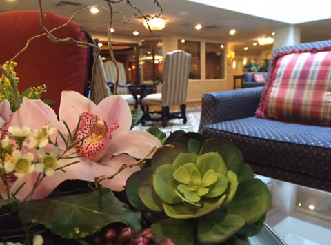 Close-up view of a floral arrangement with pink orchids and green succulents on a glass table in a cozy living room area featuring a blue armchair with a red and white plaid pillow and a red chair in the background, with warm lighting and additional seating visible.
