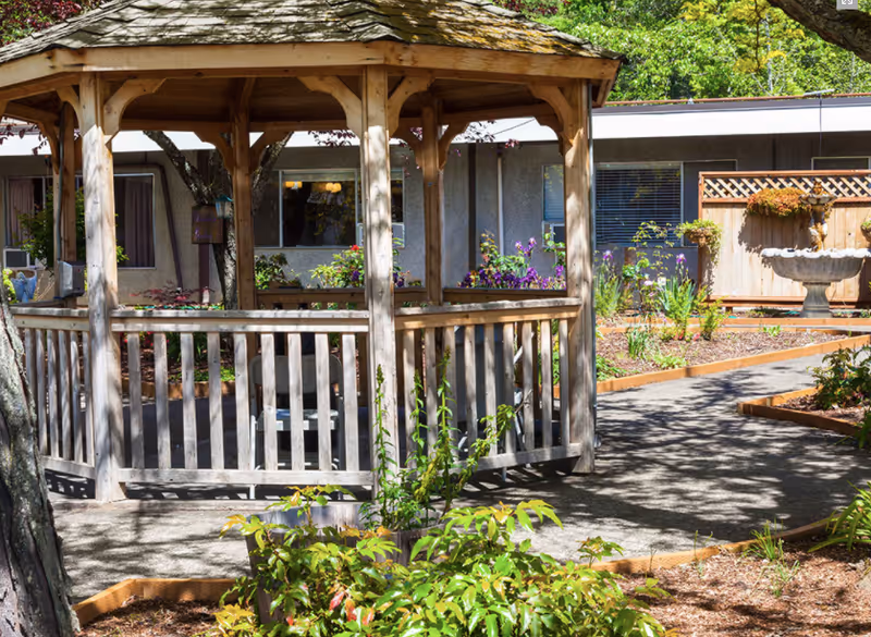 Wooden gazebo in a landscaped courtyard with paths, plants, and a building facade in the background.