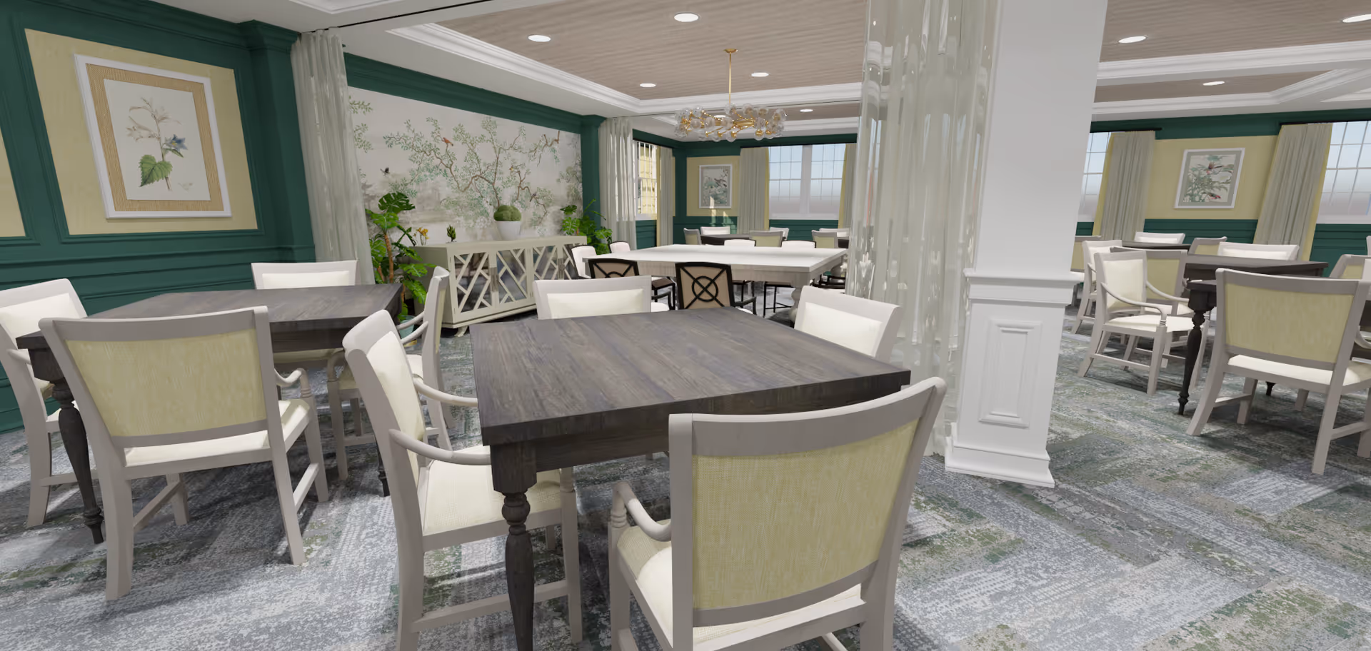 Spacious, well-lit dining room with multiple dark wood tables and upholstered chairs arranged throughout the room.