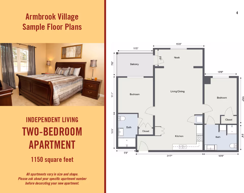 Brochure-style image for Armbrook Village showing a bedroom photo and a floor plan for an independent living two-bedroom apartment (1150 square feet).