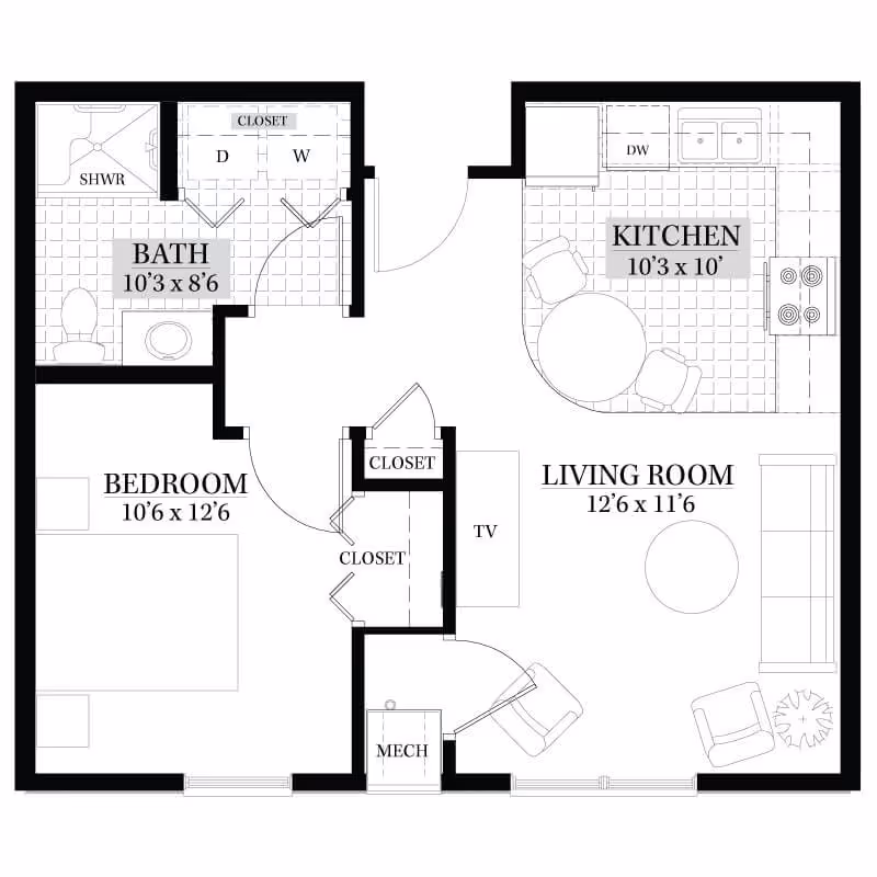 Floor plan of a one-bedroom apartment at Vista Park Retirement Community showing a bedroom, bathroom with shower, kitchen, living room, closets, and mechanical room.