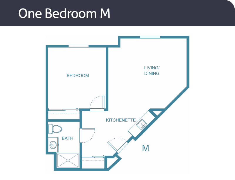 Floor plan diagram labeled "One Bedroom M" showing a bedroom, bath, kitchenette, and living/dining area.