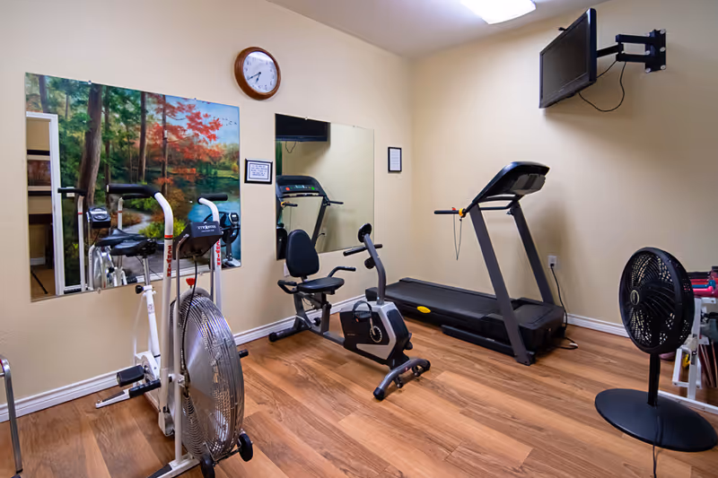A small fitness room with a treadmill, recumbent and upright exercise bikes, fans, a wall mirror, and a mounted TV.