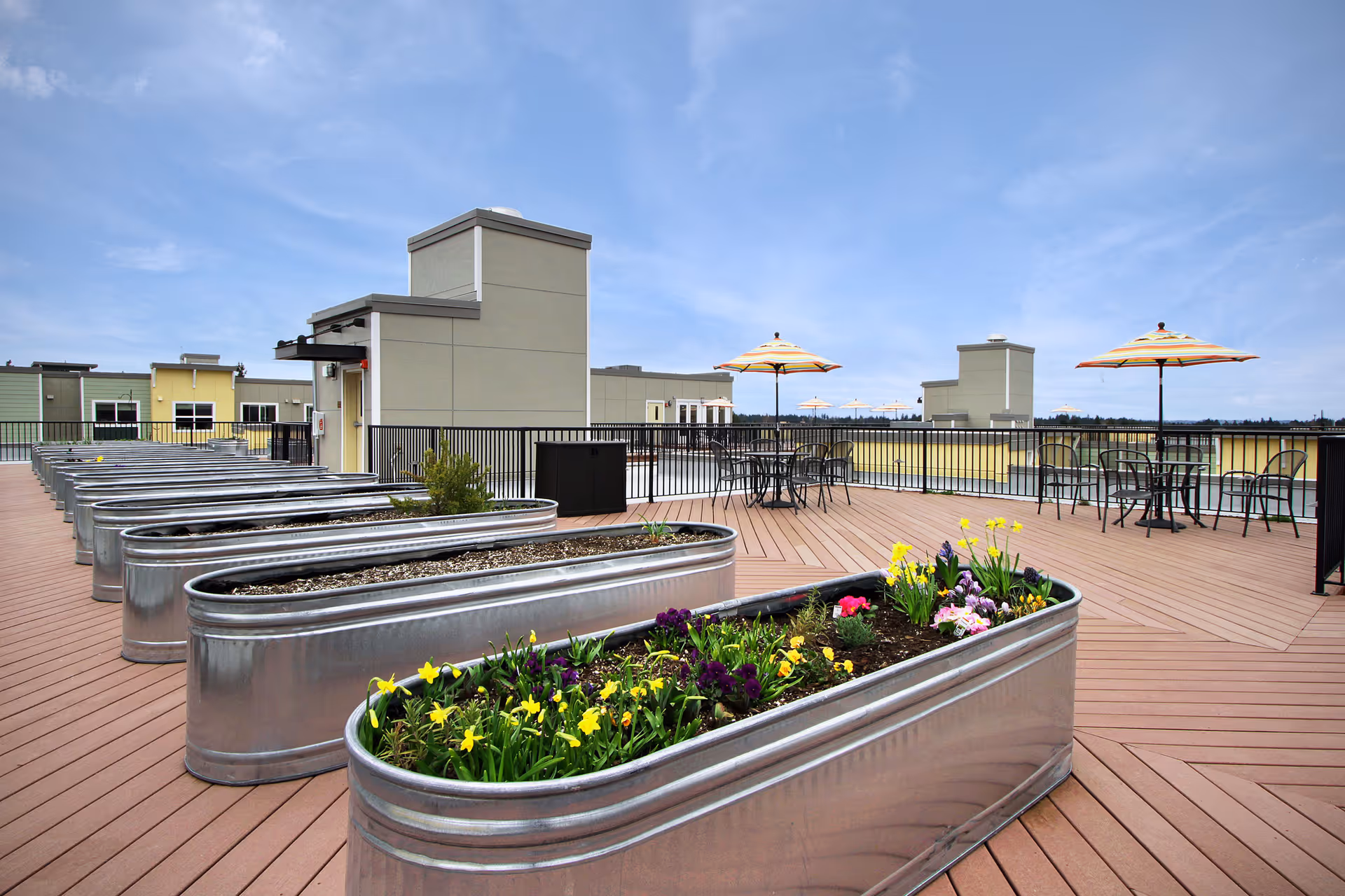 Rooftop terrace with metal planter troughs filled with flowers, outdoor tables and umbrellas, and low building structures under a blue sky.
