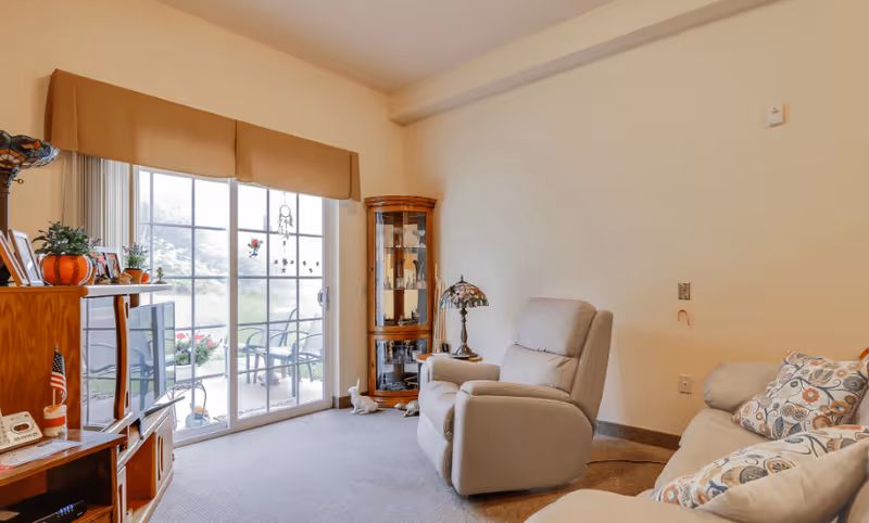 A cozy living room with a beige recliner chair and a sofa with patterned cushions. There is a wooden TV stand with a television and decorative items including small plants and an American flag. A glass display cabinet stands in the corner near a sliding glass door that leads to an outdoor patio with chairs and a table. The room is softly lit with natural light coming through the glass door.