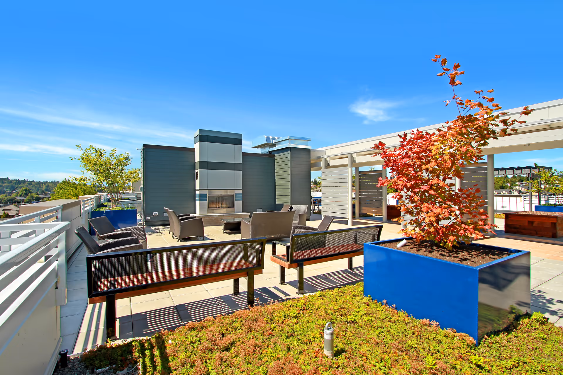 Outdoor rooftop patio area with seating including benches and wicker chairs arranged around a modern fireplace. There are large blue planters with small trees and greenery under a clear blue sky.