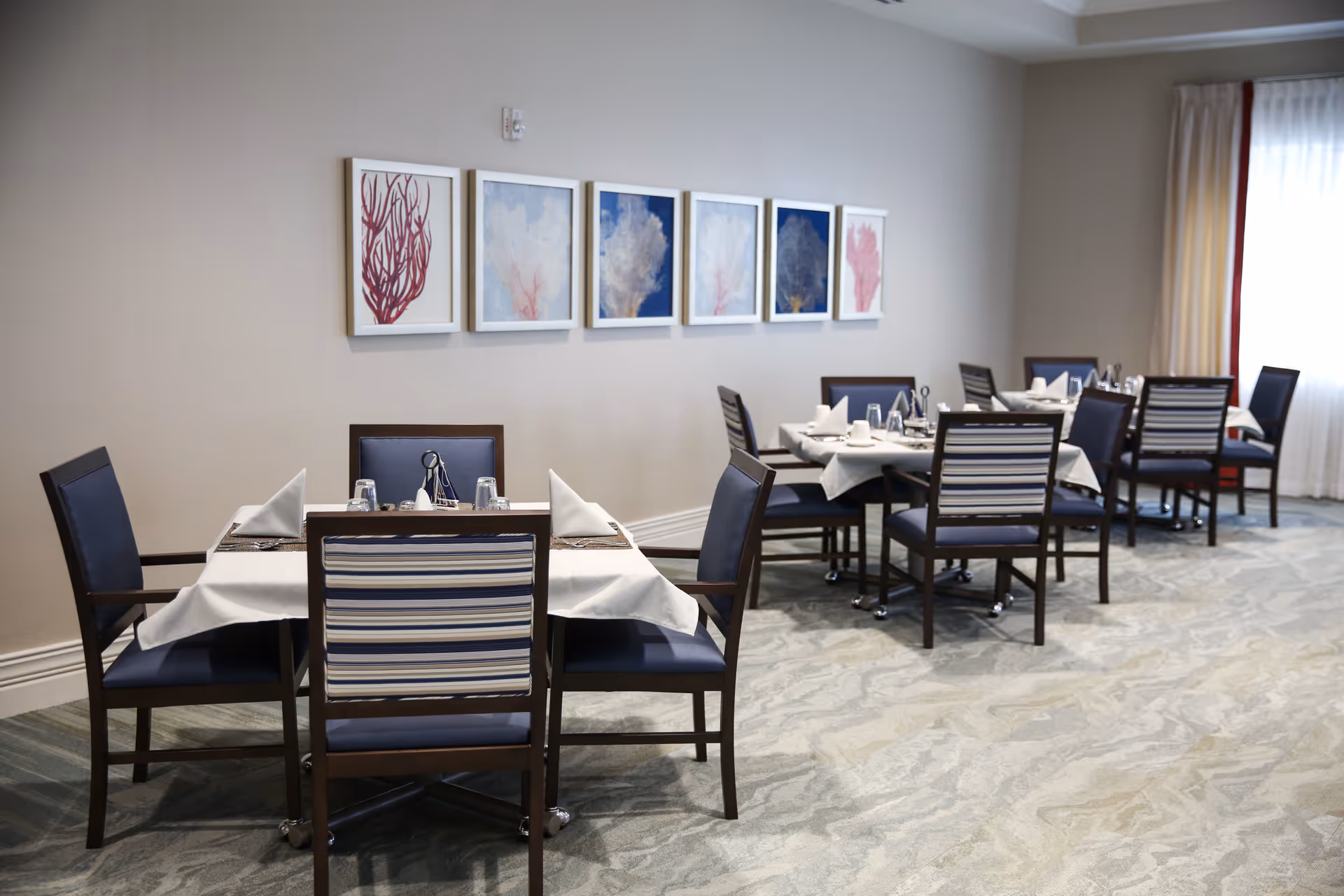 A dining room with several tables set for meals, each covered with white tablecloths, napkins, glasses, and silverware. The chairs have dark wooden frames with blue and white striped cushions. The room has light-colored walls adorned with framed artwork featuring coral designs, and a large window with curtains allowing natural light to enter.