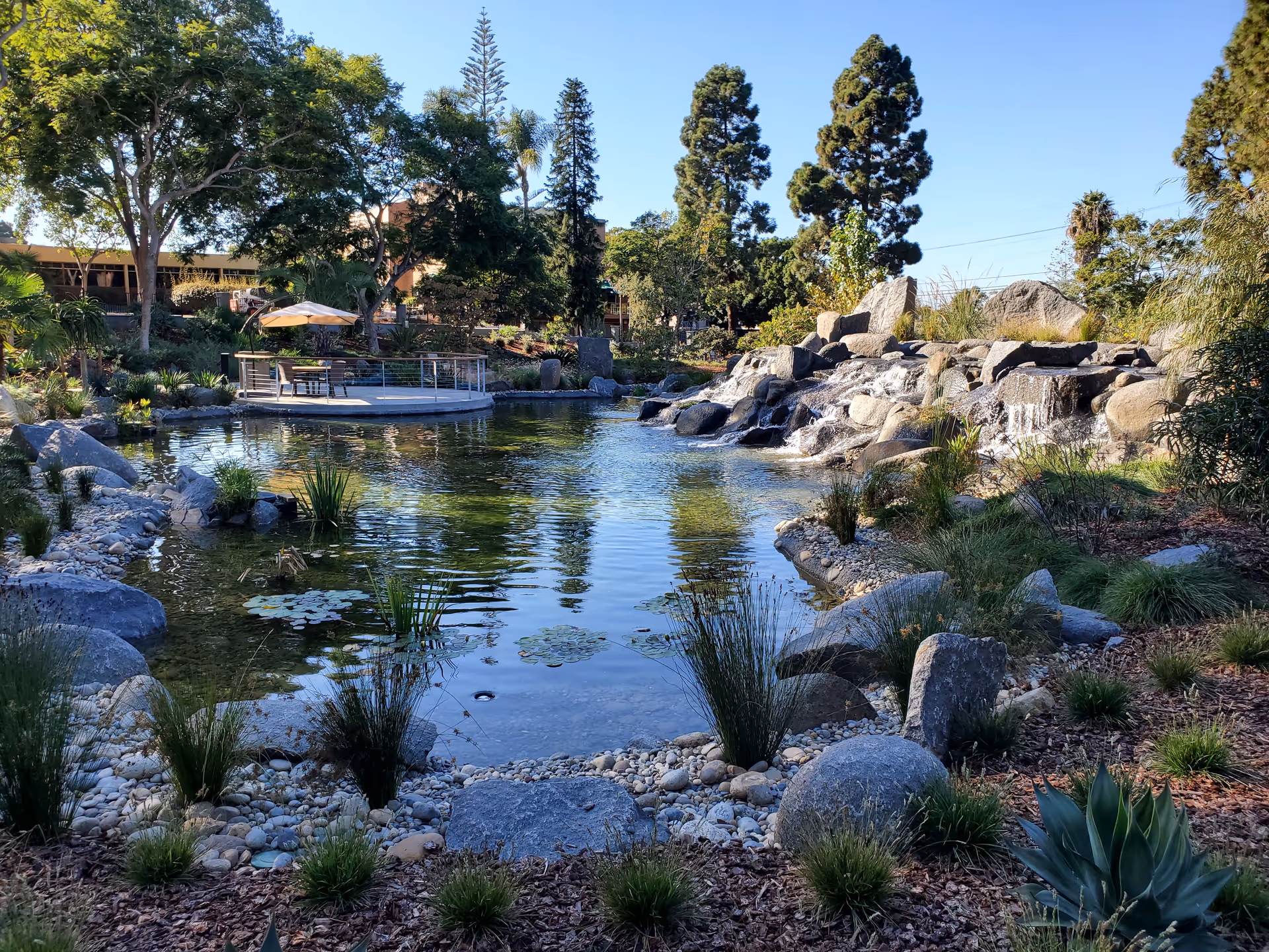 A serene outdoor garden area featuring a pond with clear water, surrounded by rocks and various plants. There is a small waterfall cascading over large rocks on the right side. In the background, there is a circular wooden deck with a table, chairs, and a large umbrella, shaded by tall trees under a clear blue sky.