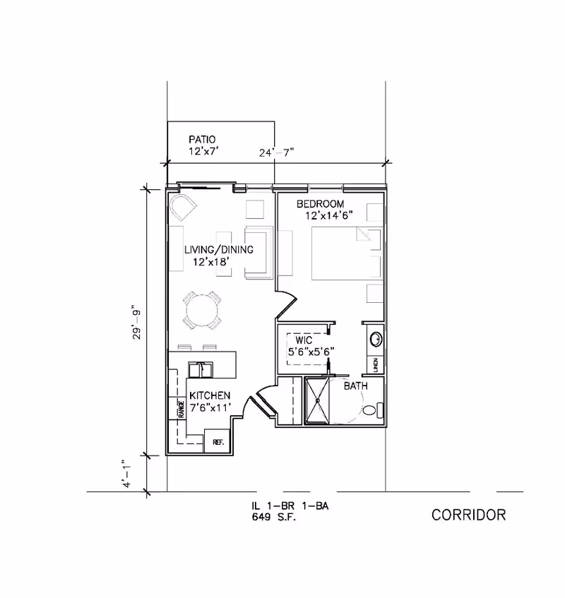 Floor plan drawing of a 1-bedroom, 1-bath apartment showing kitchen, living/dining, bedroom, bath, walk-in closet and patio, labeled 649 sq. ft.