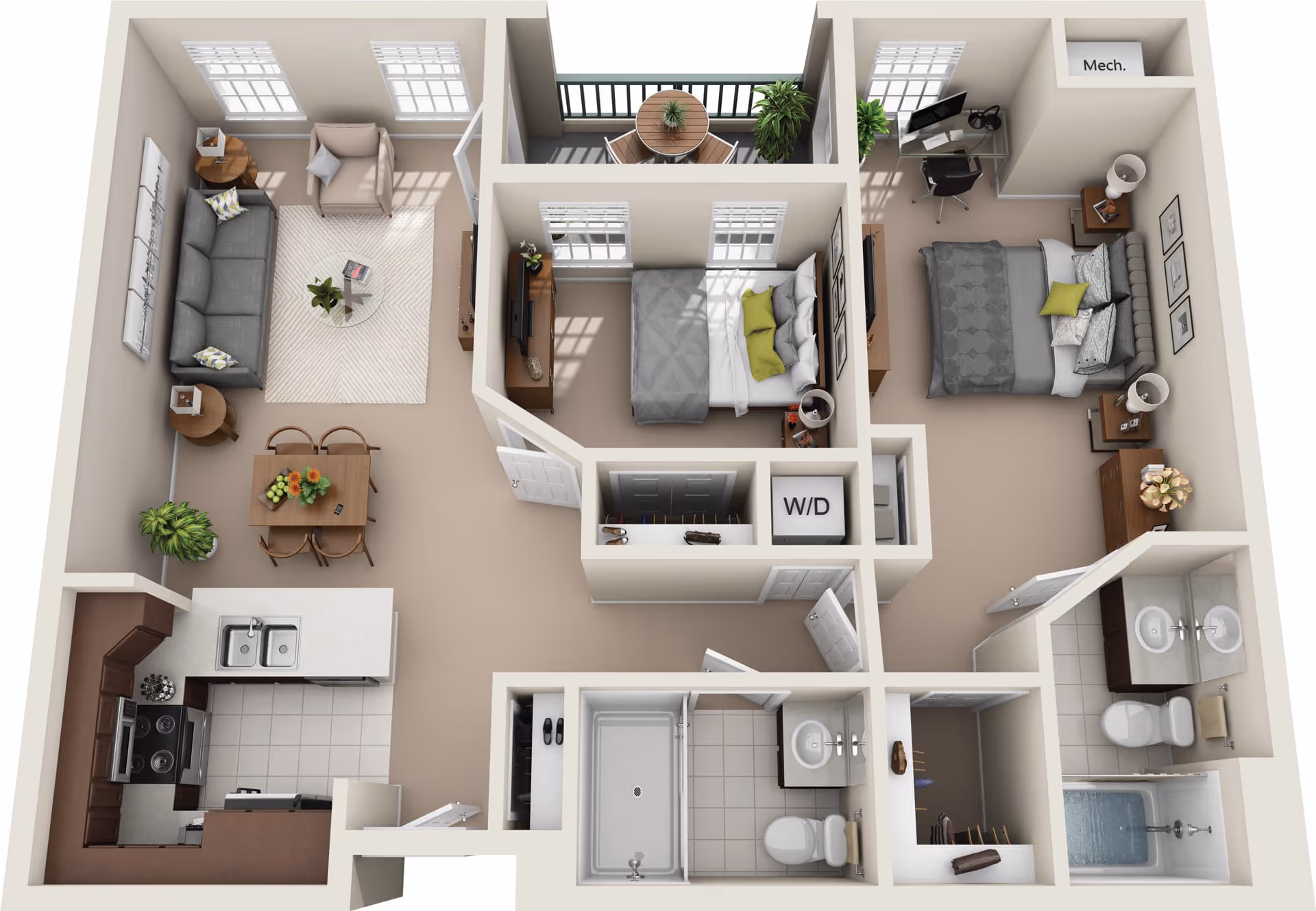 3D floor plan of an apartment at Westbridge Assisted Living and Memory Care showing two bedrooms, two bathrooms, a kitchen with appliances, a dining area with a table and chairs, a living room with sofa and armchair, a balcony with a small table and chairs, and a washer/dryer closet.