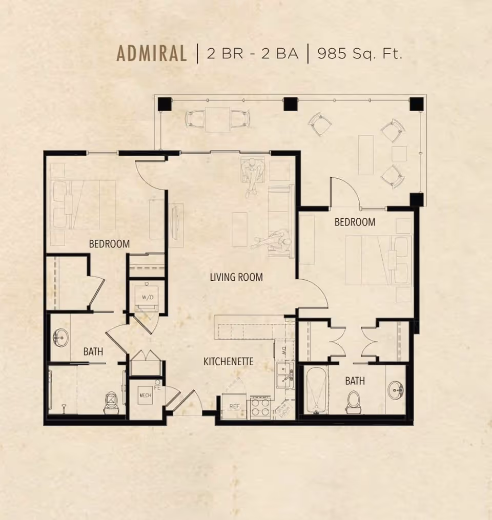 Floor plan of the Admiral unit at The Arbors of Gulf Breeze showing 2 bedrooms, 2 bathrooms, a living room, and a kitchenette in a 985 square feet layout.